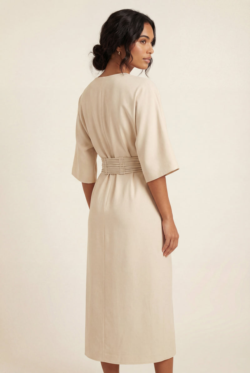 Beige Belted Bell Sleeve Midi Maxi Dress with Notched V-neck - Photo 2