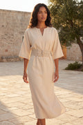 Beige Belted Bell Sleeve Midi Maxi Dress with Notched V-neck - Photo 3
