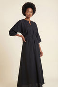 Black Belted Bell Sleeve Midi Maxi Dress with Notched V-neck - Photo 5