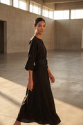 Black Belted Bell Sleeve Midi Maxi Dress with Notched V-neck - Photo 7