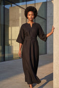 Black Belted Bell Sleeve Midi Maxi Dress with Notched V-neck - Photo 8