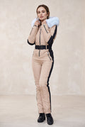 Belted Hooded Snow Suit in Beige — studio front