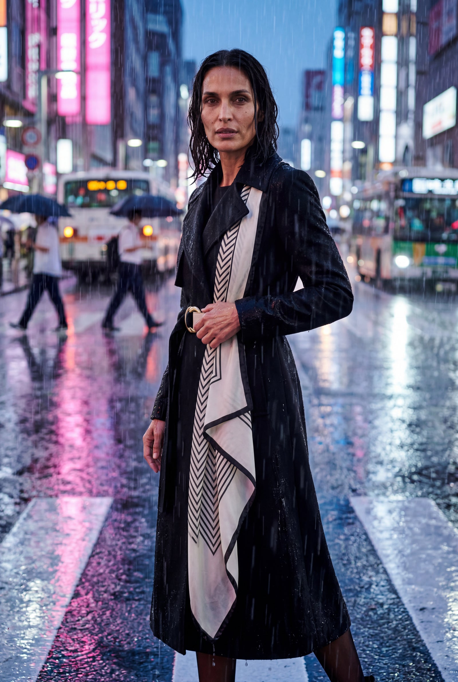 Black Belted Midi Trench Coat with Geometric Scarf Detail - Trench coats - Photo 10