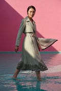 Light Green Belted Midi Trench Coat with Geometric Scarf Detail - Trench coats - Photo 11