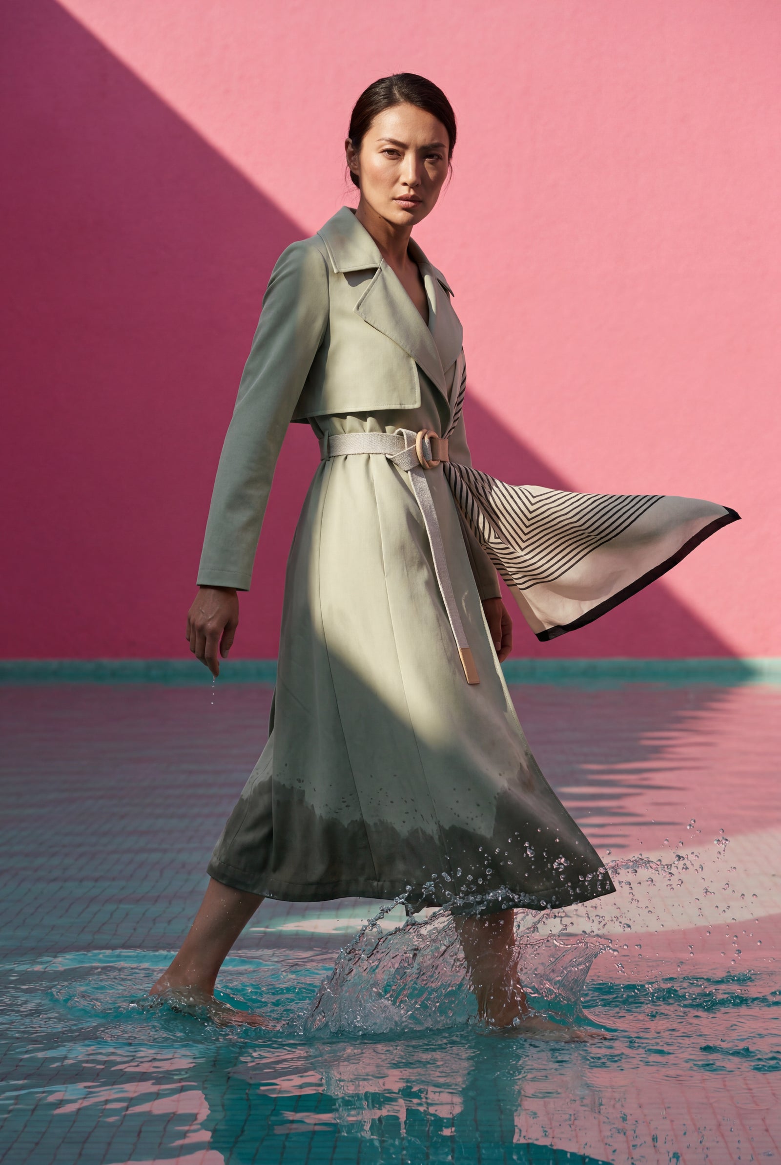 Light Green Belted Midi Trench Coat with Geometric Scarf Detail - Trench coats - Photo 11