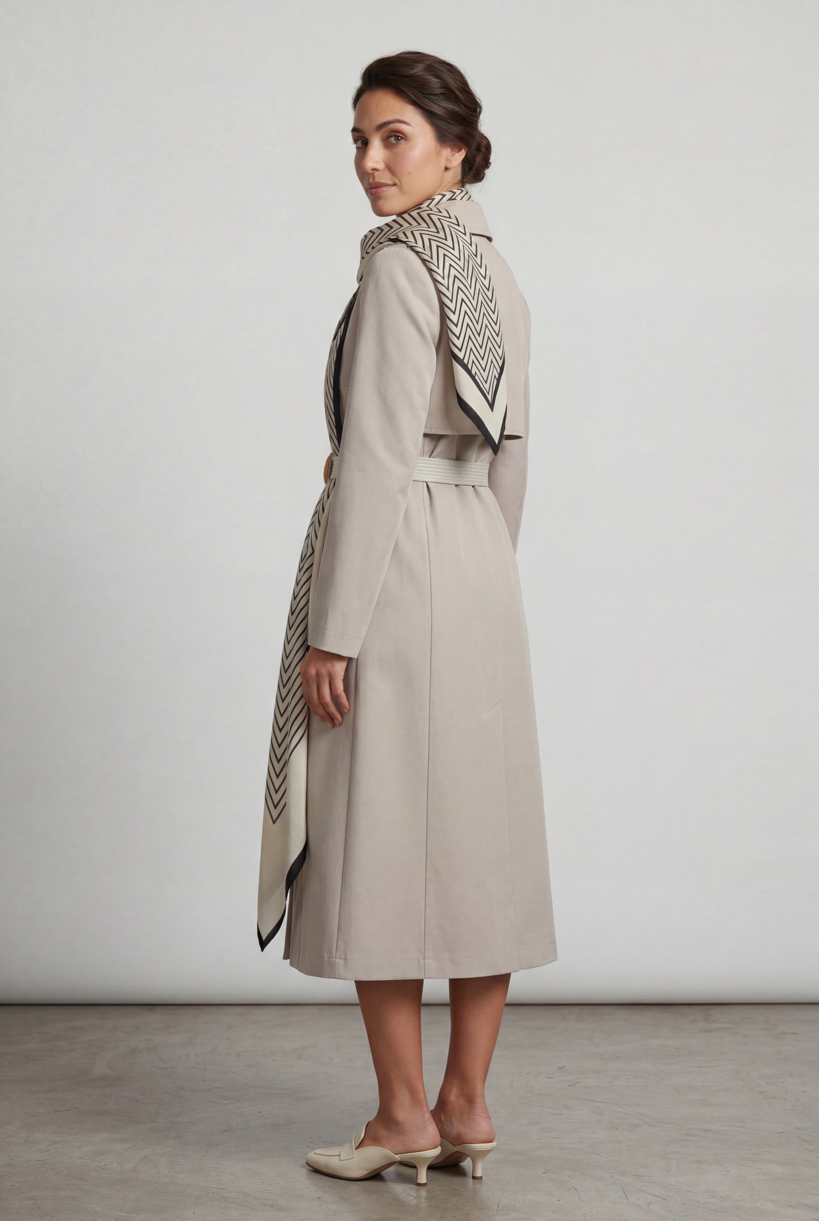 Beige Belted Midi Trench Coat with Geometric Scarf Detail - Trench coats - Photo 2