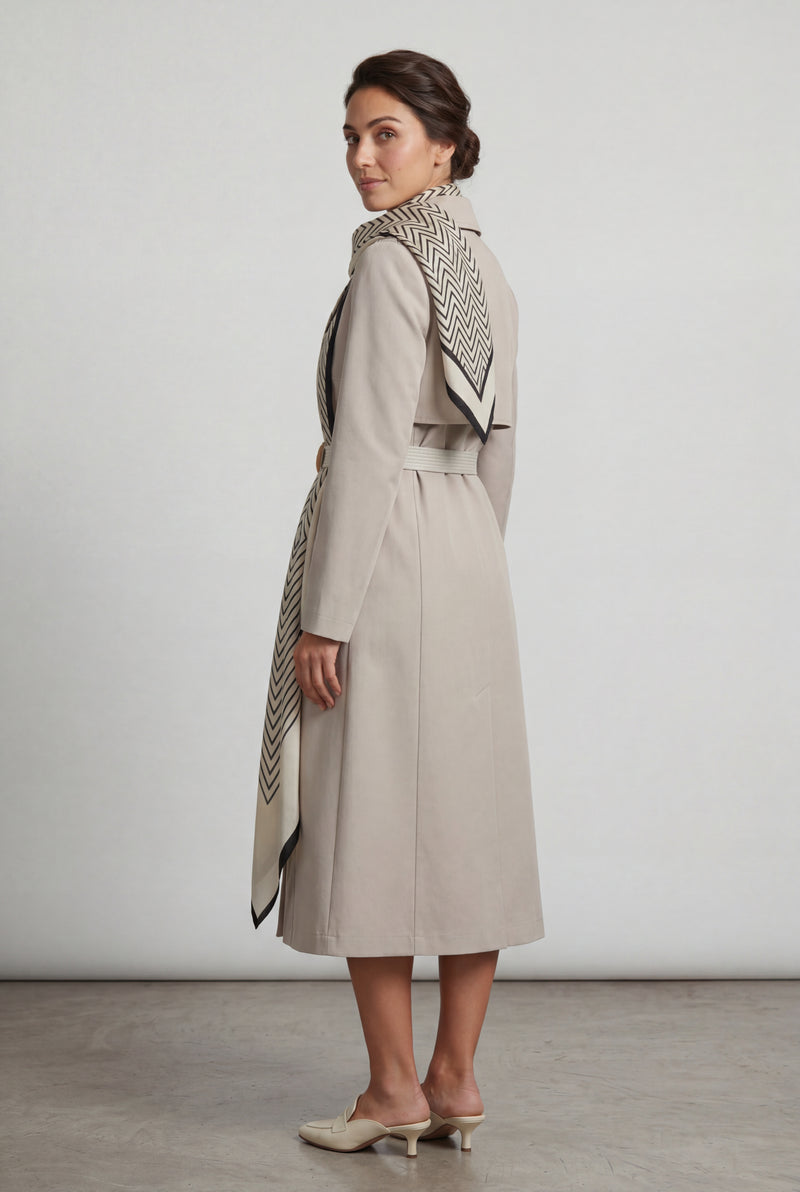 Beige Belted Midi Trench Coat with Geometric Scarf Detail - Trench coats - Photo 2
