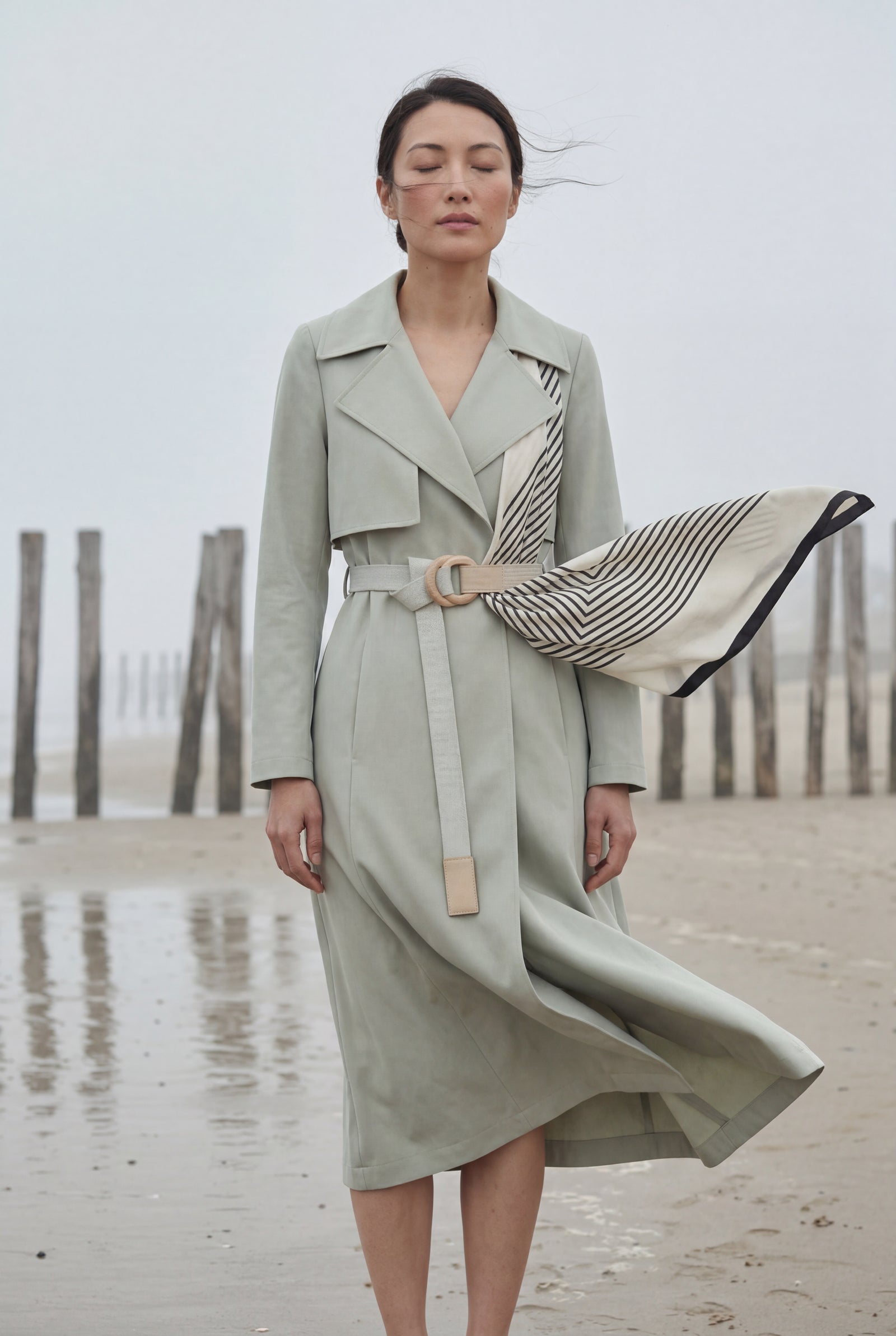 Light Green Belted Midi Trench Coat with Geometric Scarf Detail - Trench coats - Photo 9