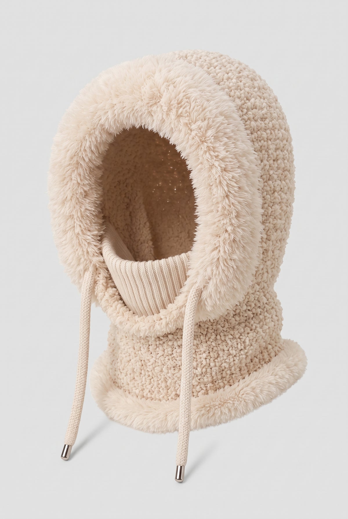 Boucle Knit Hooded Balaclava in Beige — studio front