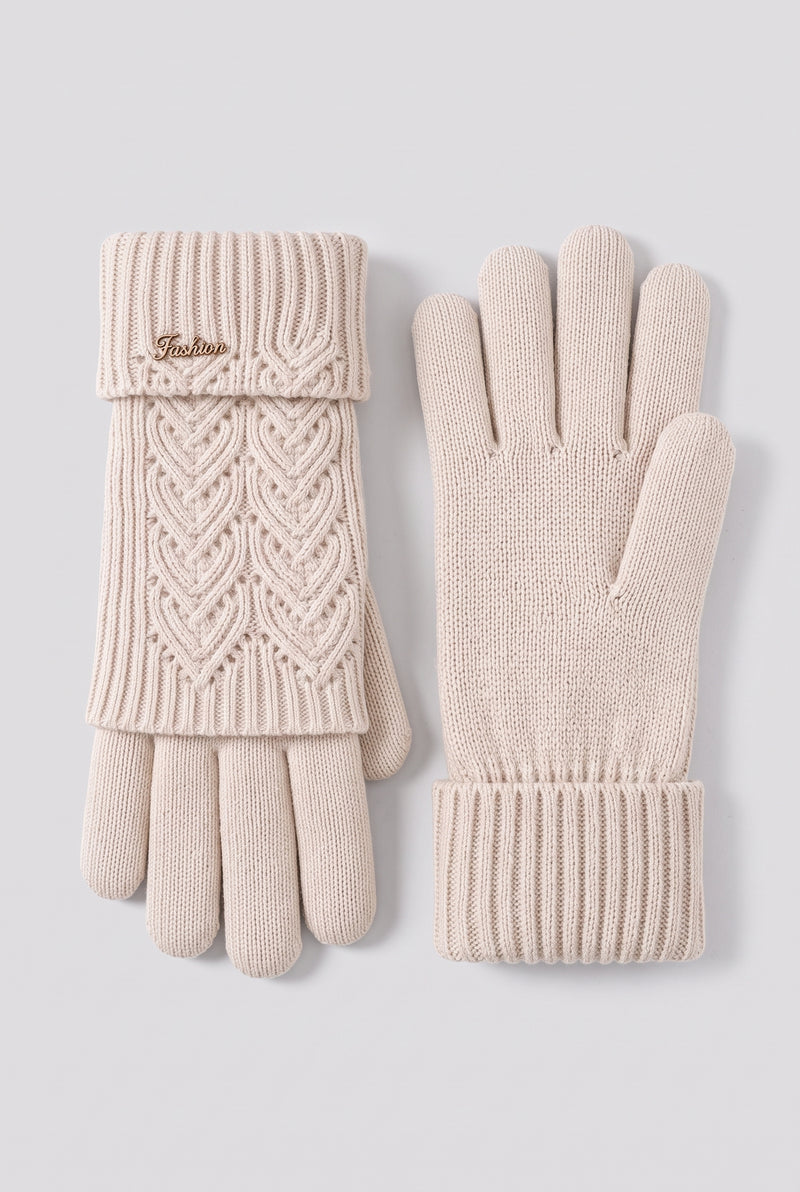 Cable-Knit Gloves with Ribbed Cuffs in Beige — studio front