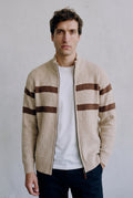 Cable Knit Zip-Front Cardigan in Beige — studio front
