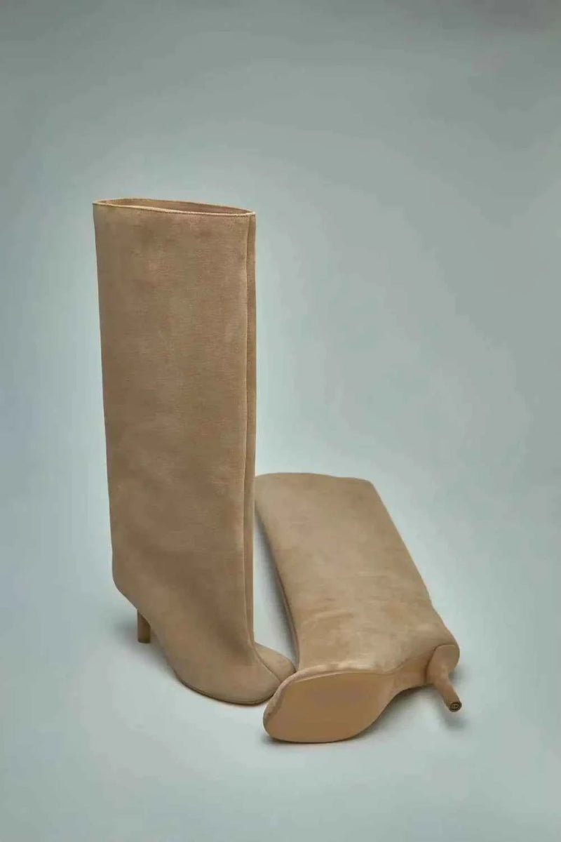 Beige Camel Slim Mid Heel High Knee Boots - Photo 9