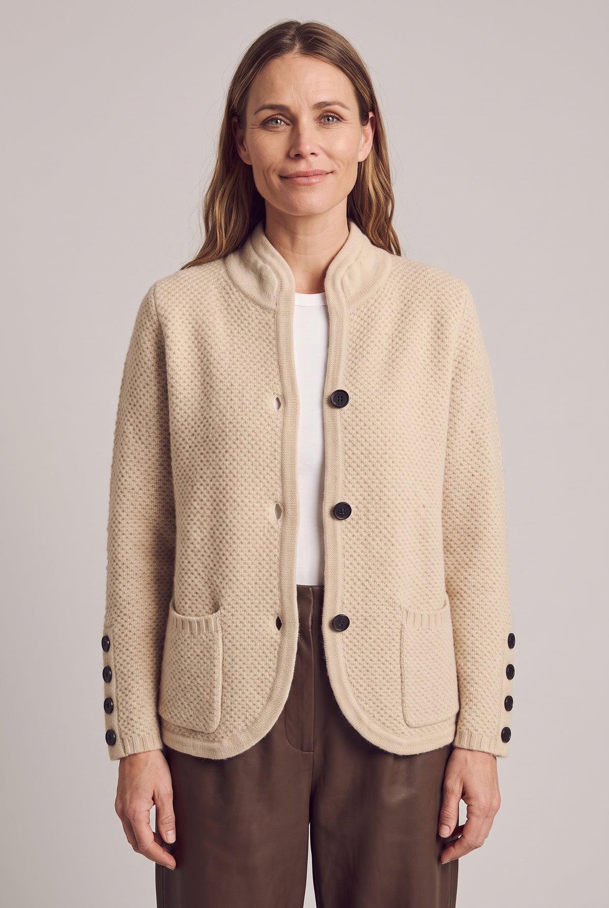 Cardigan Button Classic in Beige — studio front