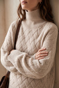 Cashmere Blend Turtleneck Sweater in Beige — studio front