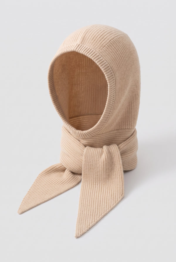 Cashmere Hooded Scarf Balaclava in Beige — studio front