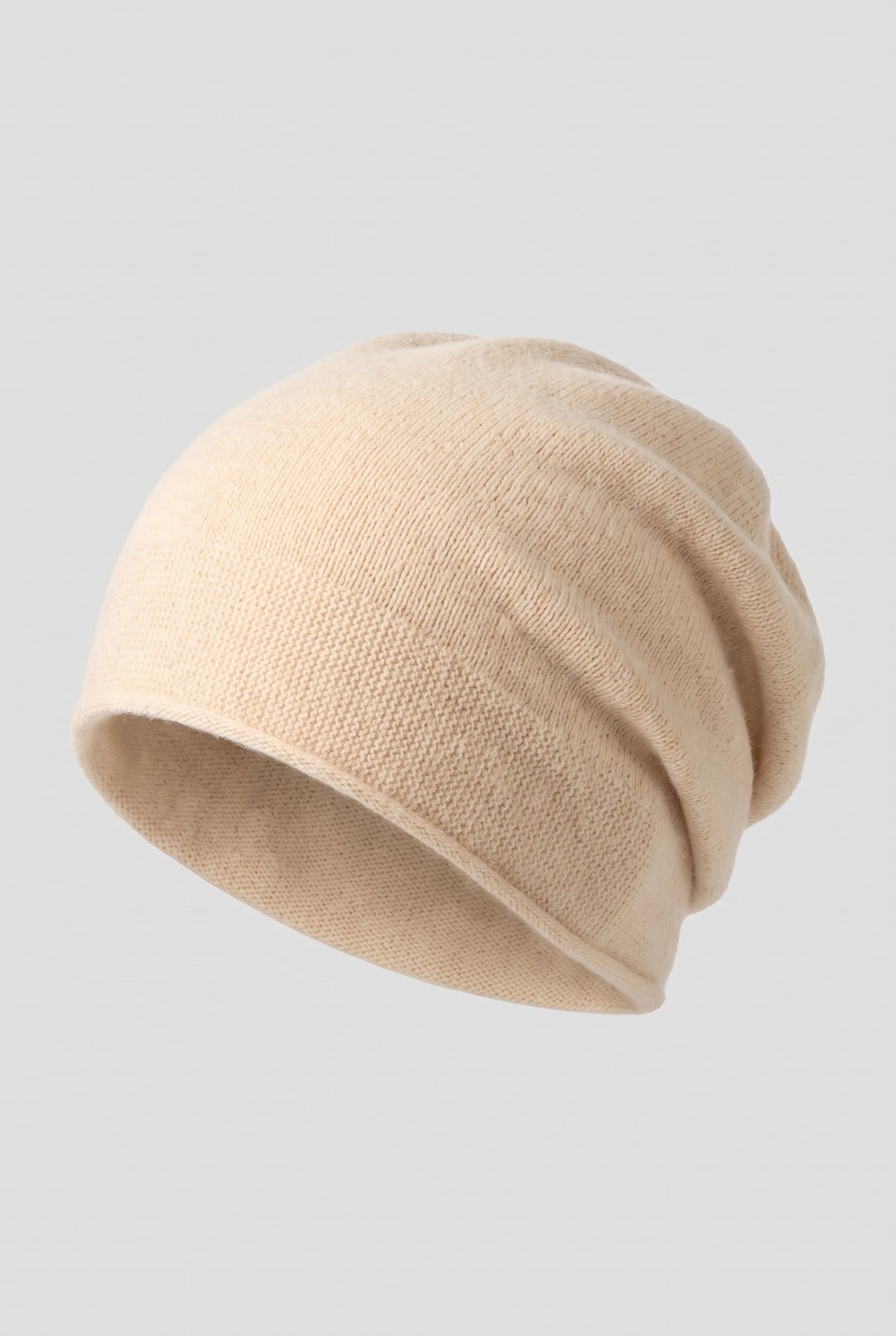 Cashmere Knit Beanie in Beige — studio front