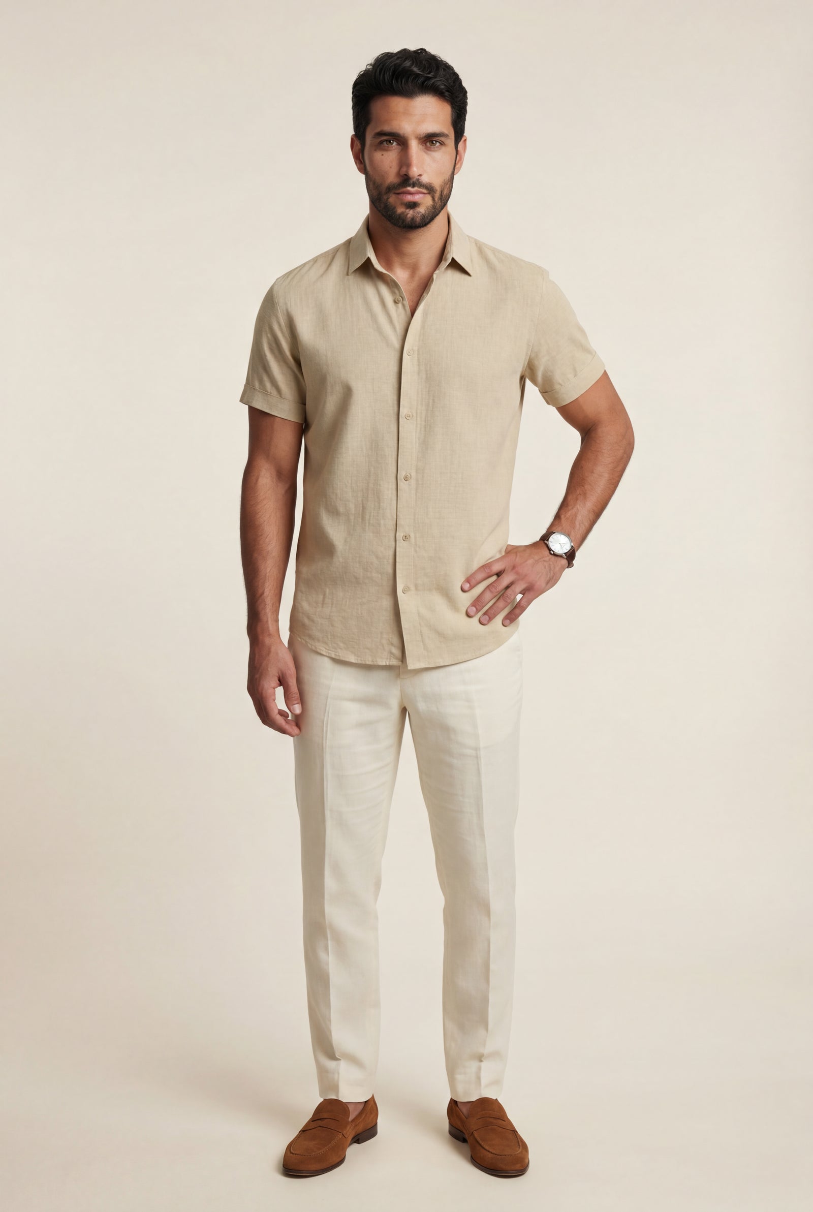 Beige Classic Collar Short Sleeve Relaxed Fit Shirt - Casual shirts - Photo 2