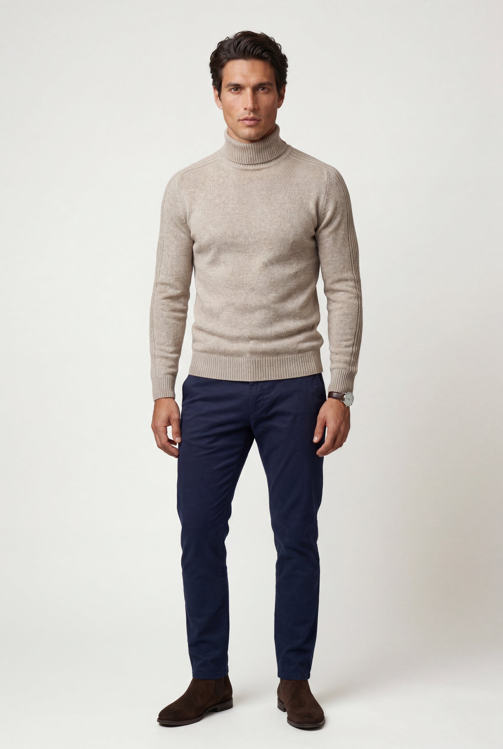 Beige Classic Slim Fit Turtleneck Sweater - Photo 3