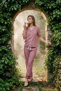 Pink Contrast Piping Short Sleeve Pajama Set with Bow Waistband - Photo 12
