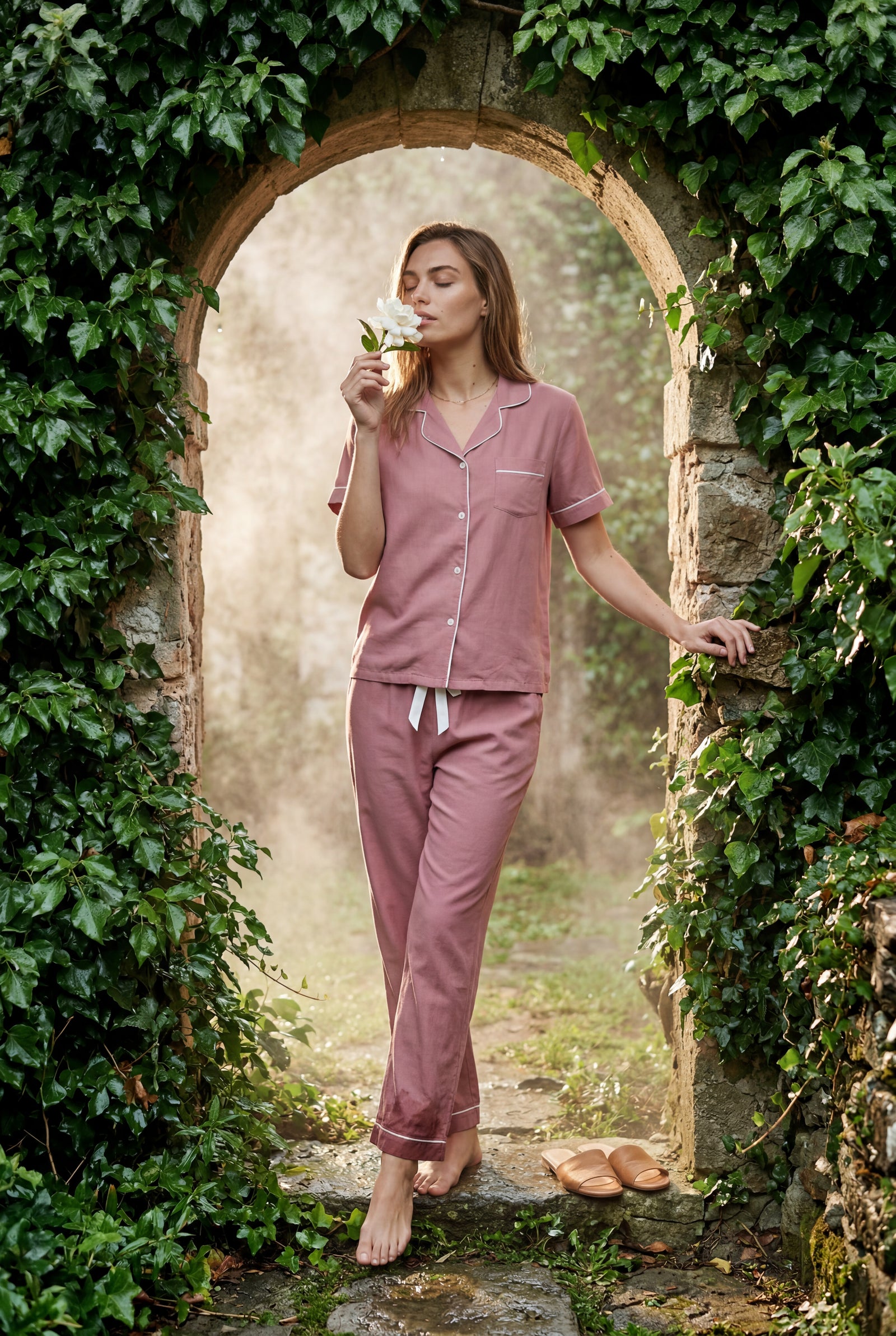 Pink Contrast Piping Short Sleeve Pajama Set with Bow Waistband - Photo 12