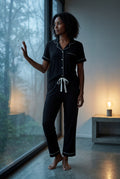 Black Contrast Piping Short Sleeve Pajama Set with Bow Waistband - Photo 6