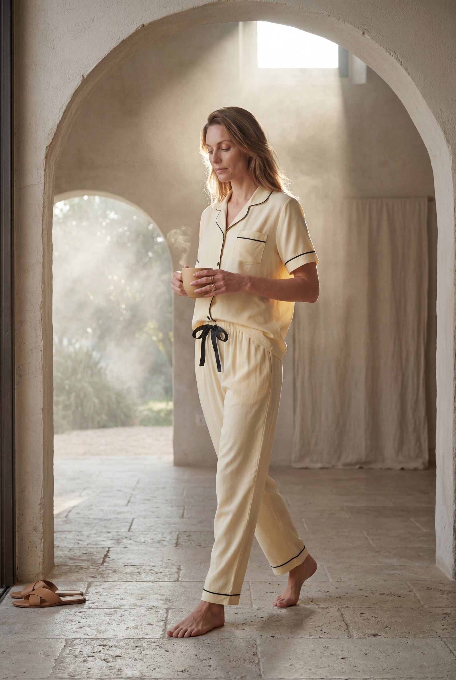 Beige Contrast Piping Short Sleeve Pajama Set with Bow Waistband - Photo 8