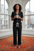 Black Contrast Piping Short Sleeve Pajama Set with Bow Waistband - Photo 9