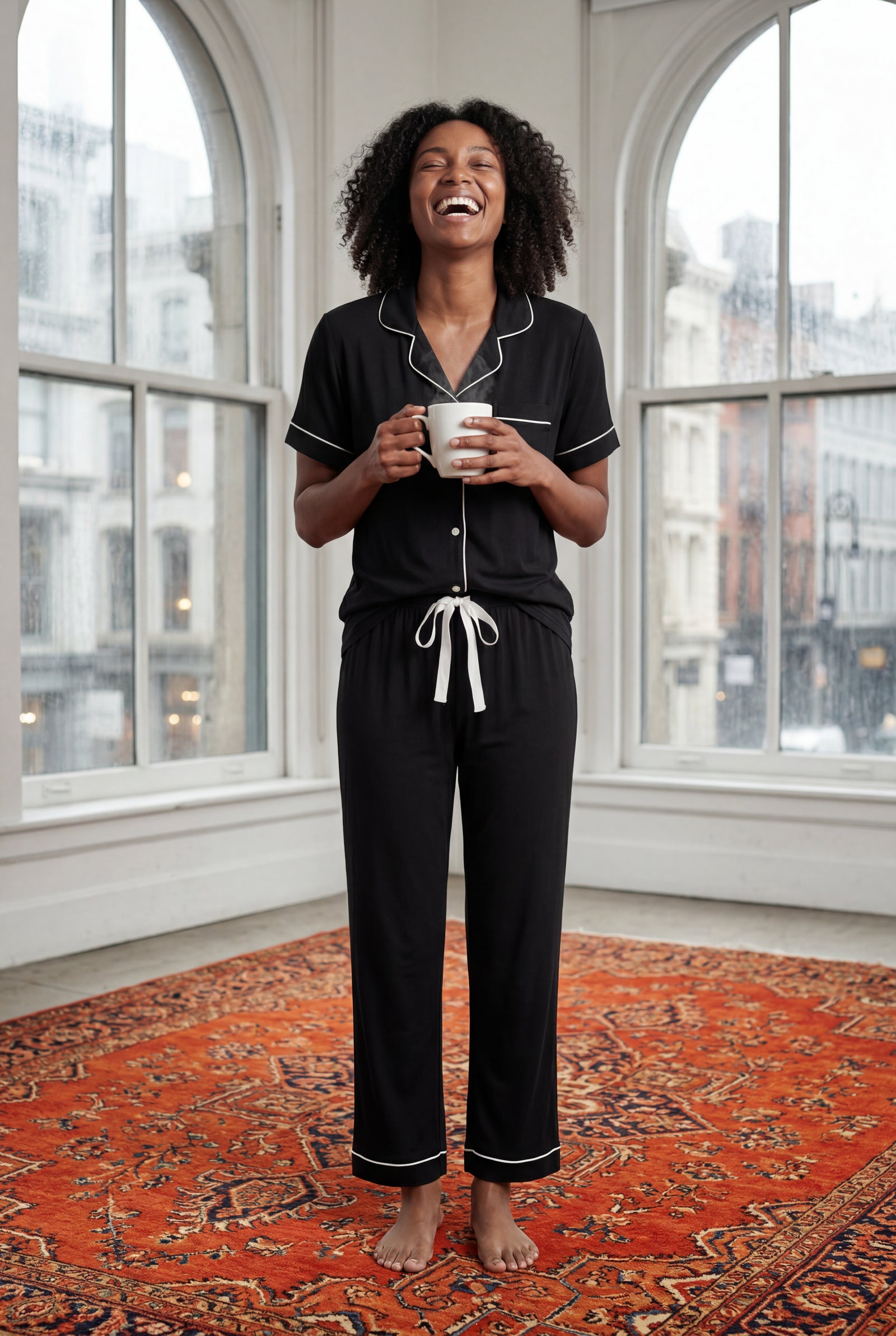 Black Contrast Piping Short Sleeve Pajama Set with Bow Waistband - Photo 9