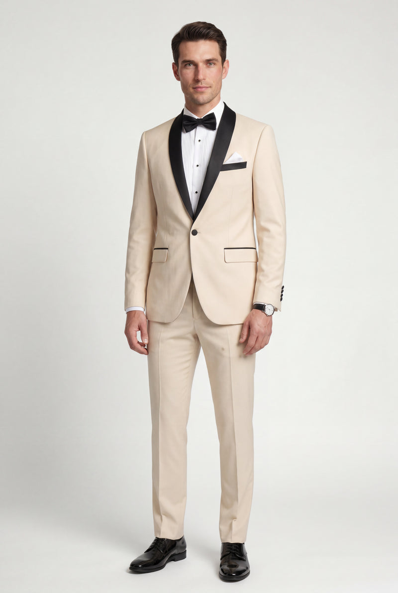 Beige Contrasting Shawl Lapel Tuxedo Suit - Wedding suit - Photo 1