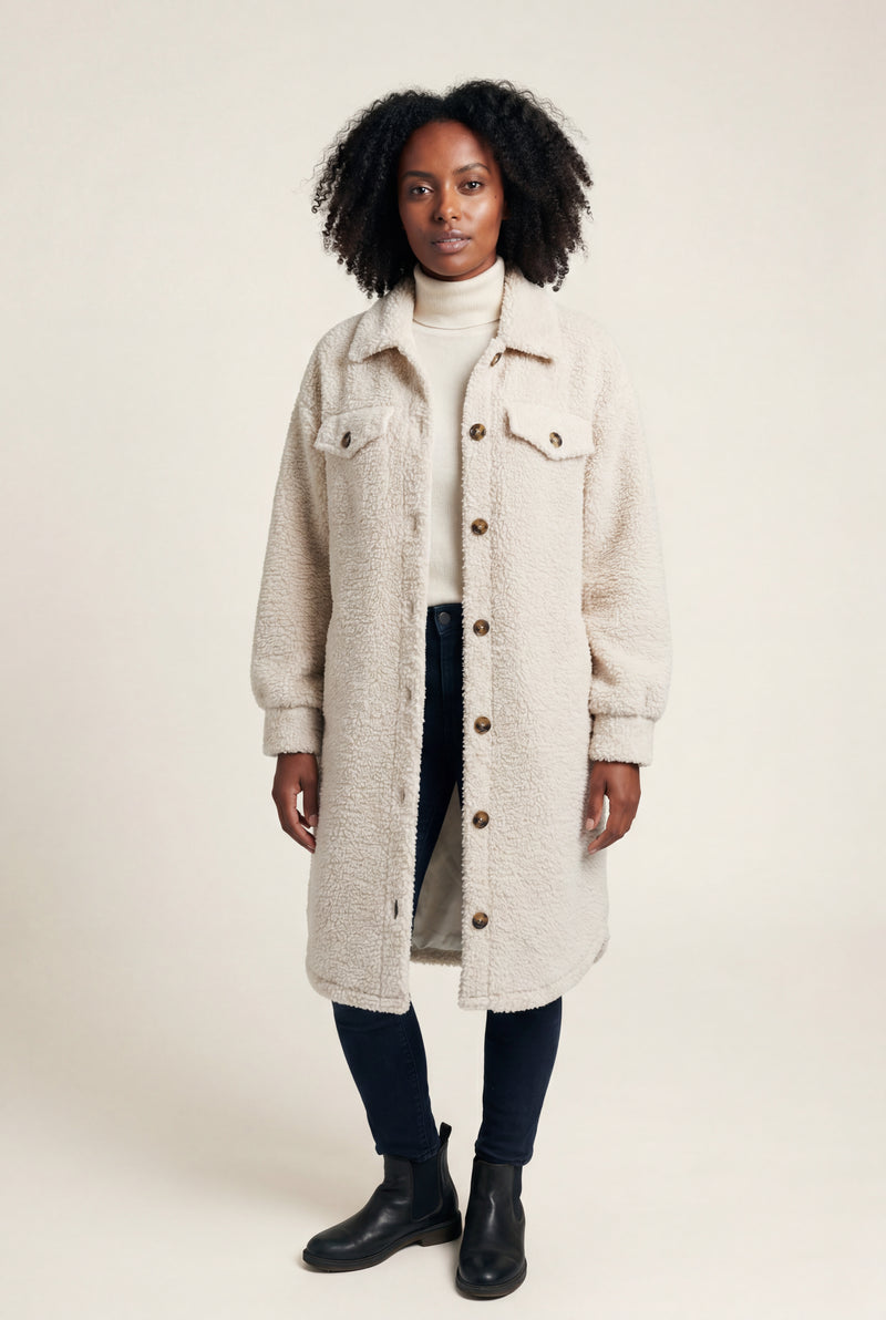 Beige Cream Longline Button-front Teddy Coat with Chest Pockets - Photo 1