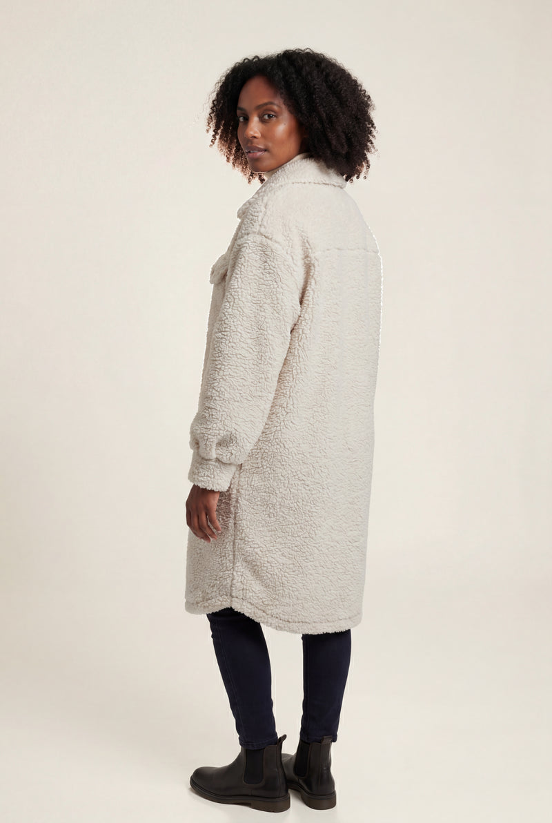 Beige Cream Longline Button-front Teddy Coat with Chest Pockets - Photo 2