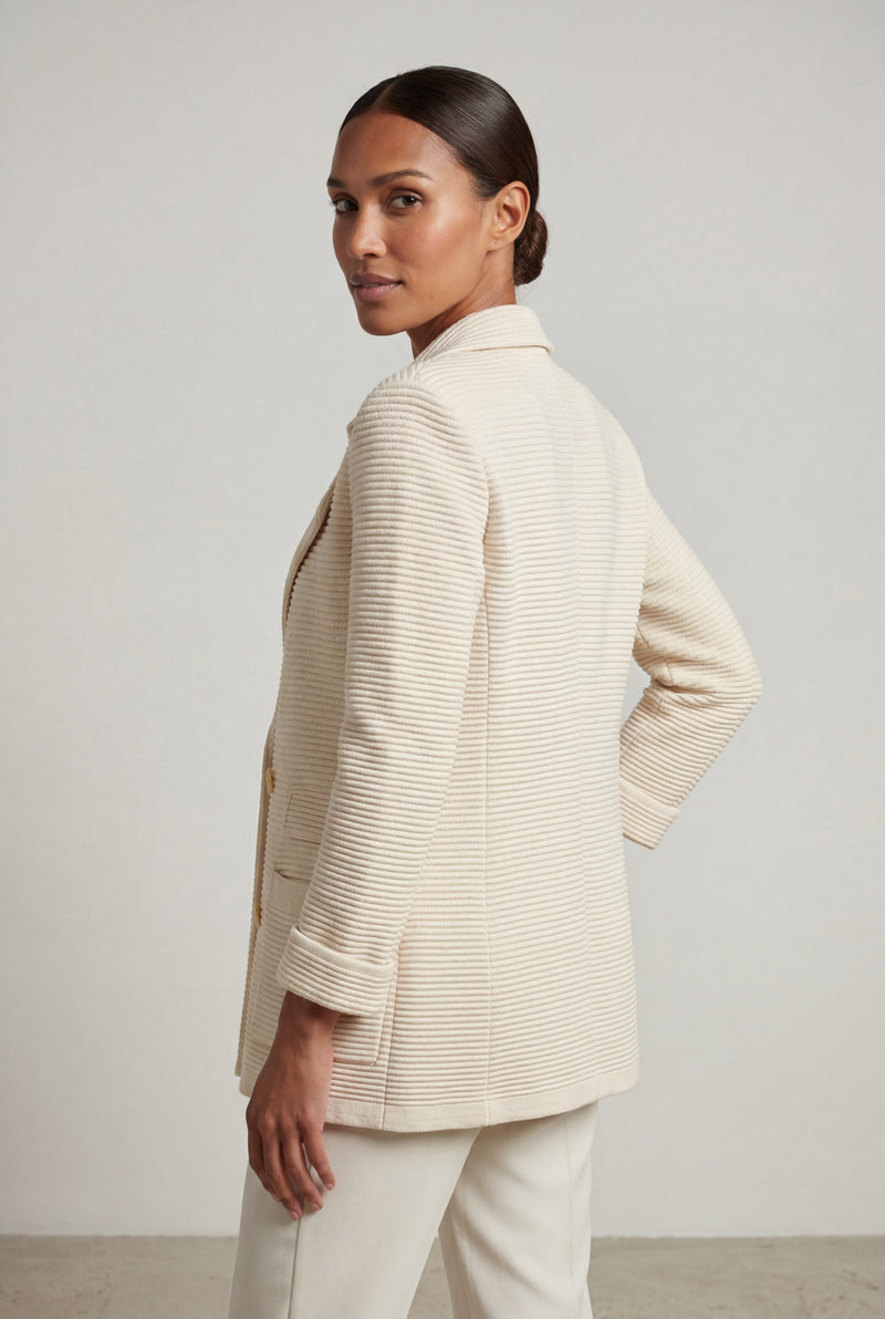 Beige Cream Textured Double-breasted Blazer with Gold Buttons - Knit blazers - Photo 2