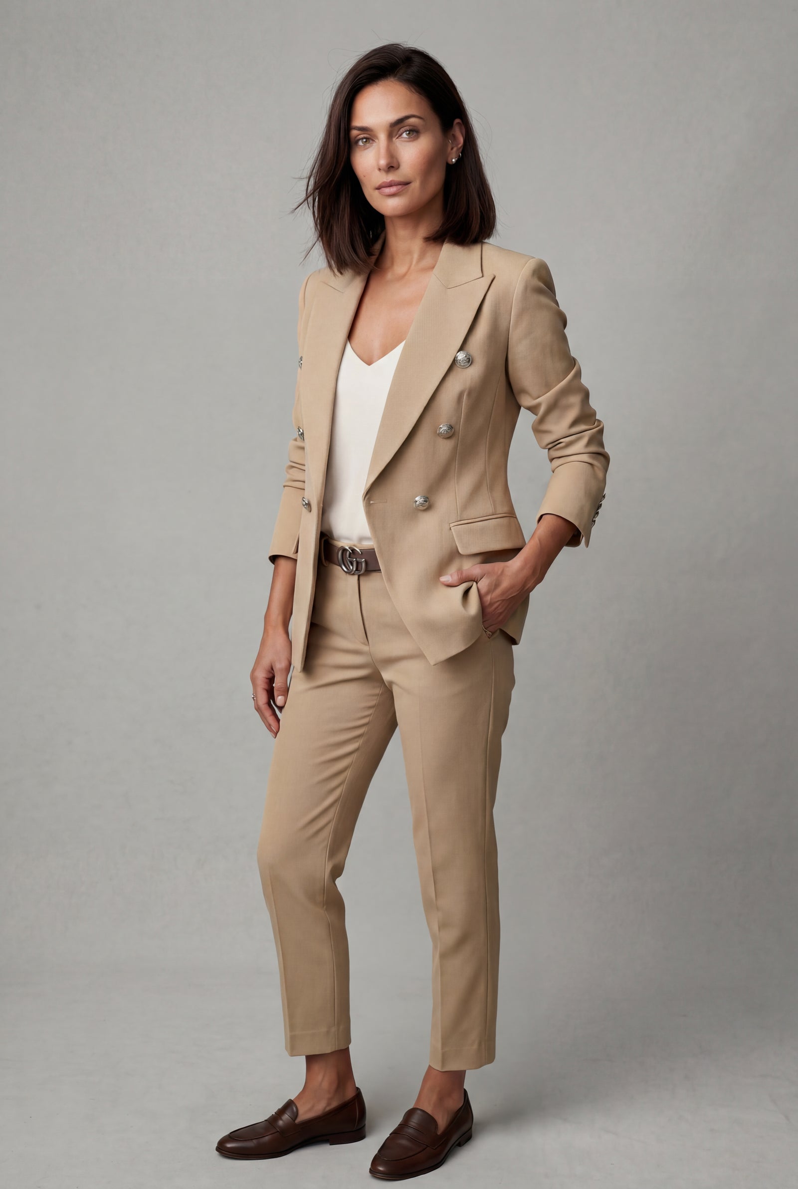 Beige Double-breasted Blazer and Slim Trouser Suit Set - Photo 33