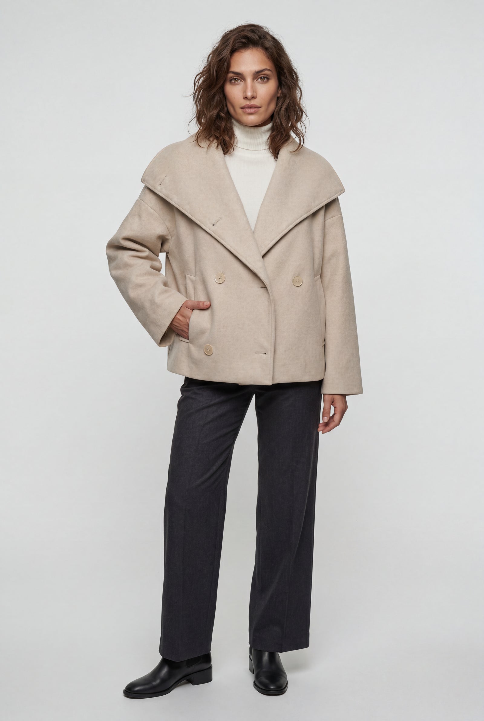 Beige Double-breasted Hip-length Short Coat with Classic Collar - Short coats - Photo 7