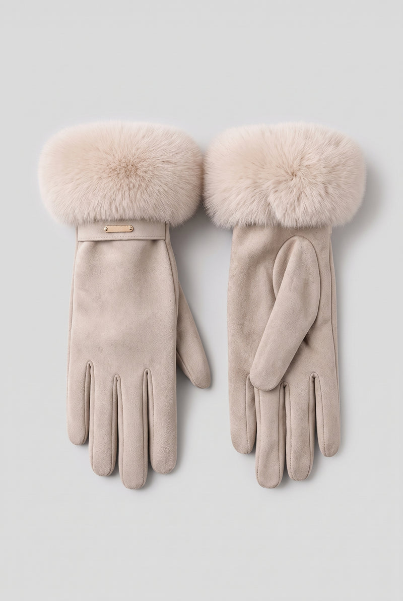 Faux Fur Cuff Gloves in Beige — studio front