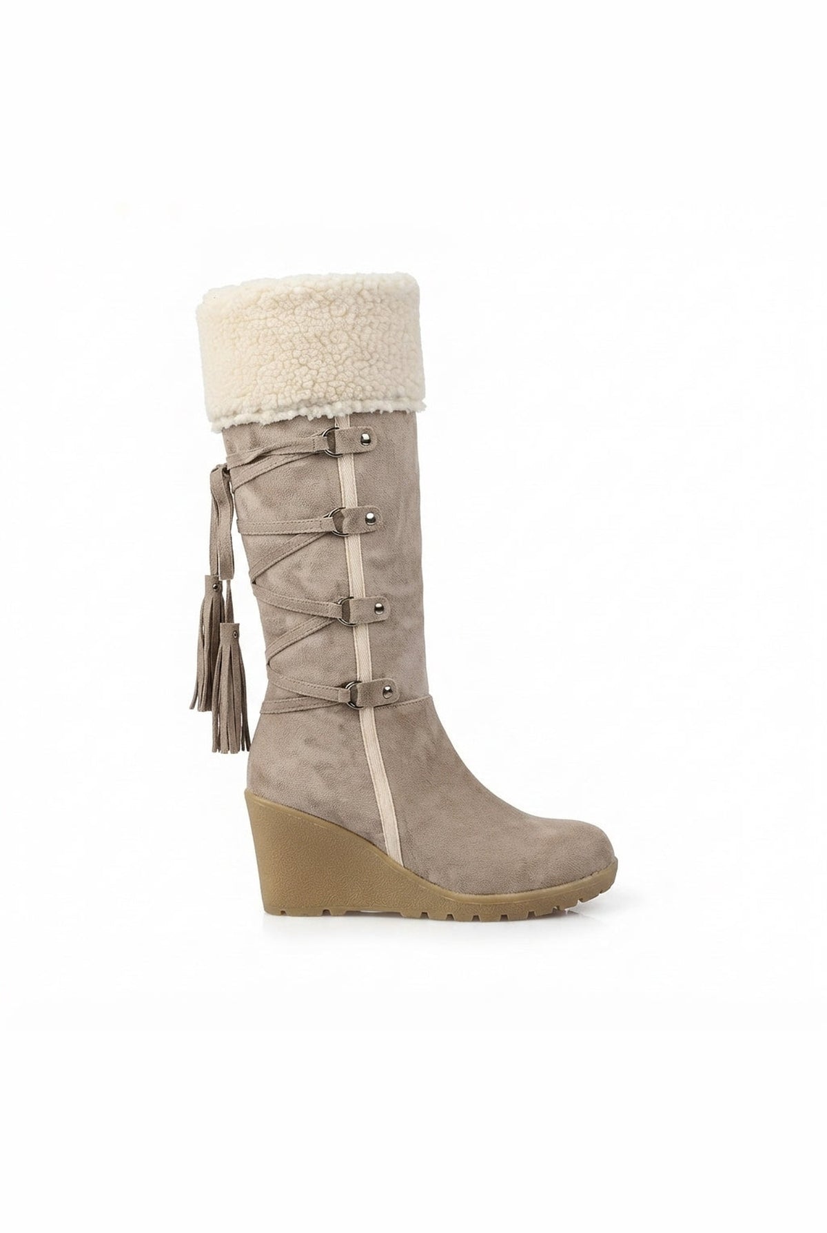 Faux Shearling Knee-High Boots in Beige — side