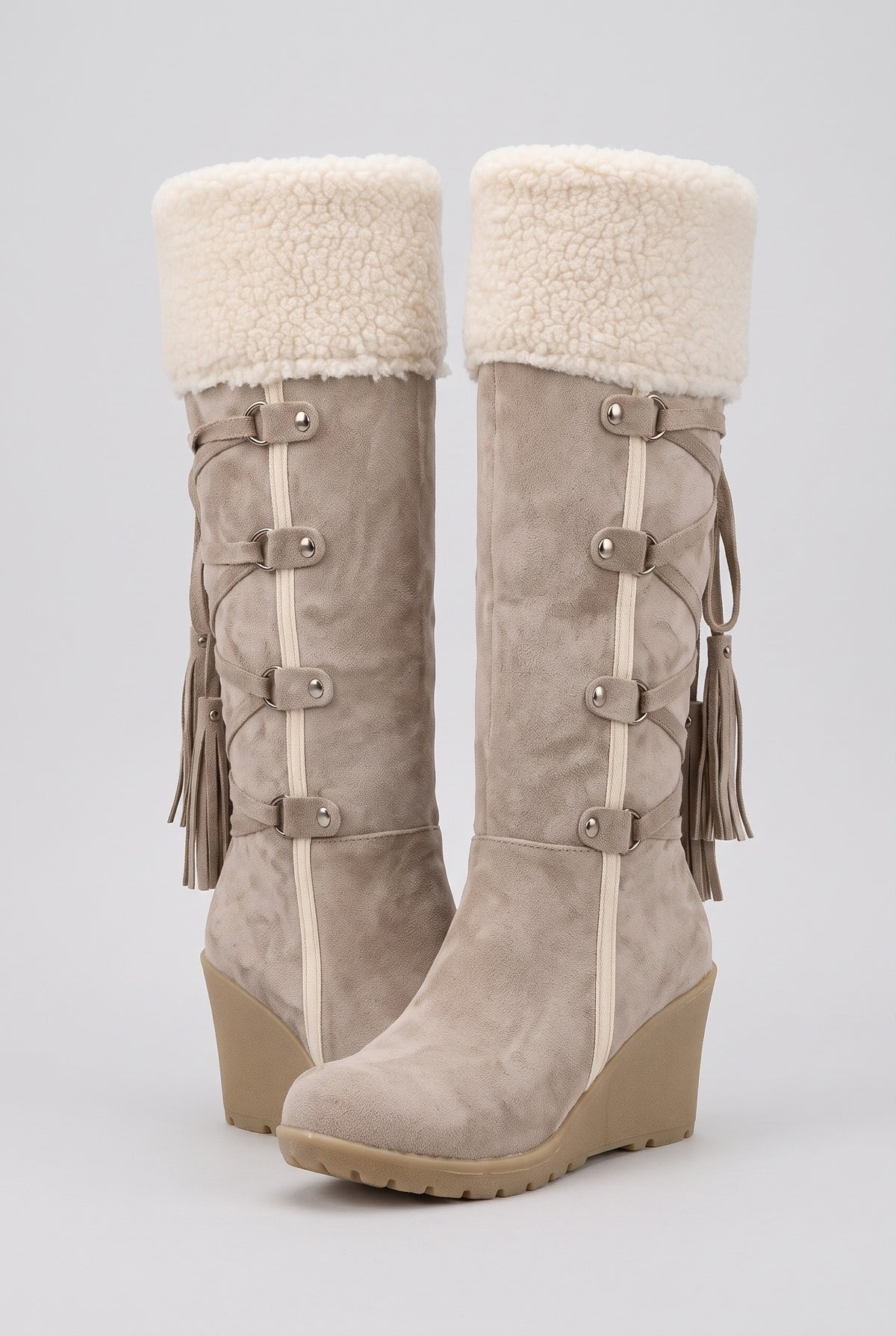 Faux Shearling Knee-High Boots in Beige — Stilenza main image