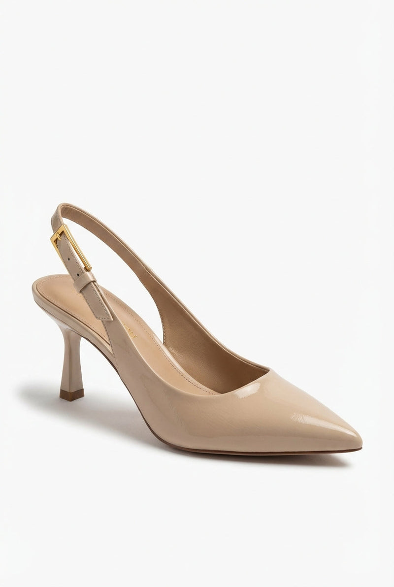 Beige Glossy Slingback Pointed Toe Mid-heel Pumps - Slingback heels - Photo 1