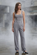 Light Gray High-waisted Pleated Tapered Trousers with Tailored Waistband - Photo 13