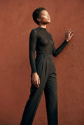Black High-waisted Pleated Tapered Trousers with Tailored Waistband - Photo 6