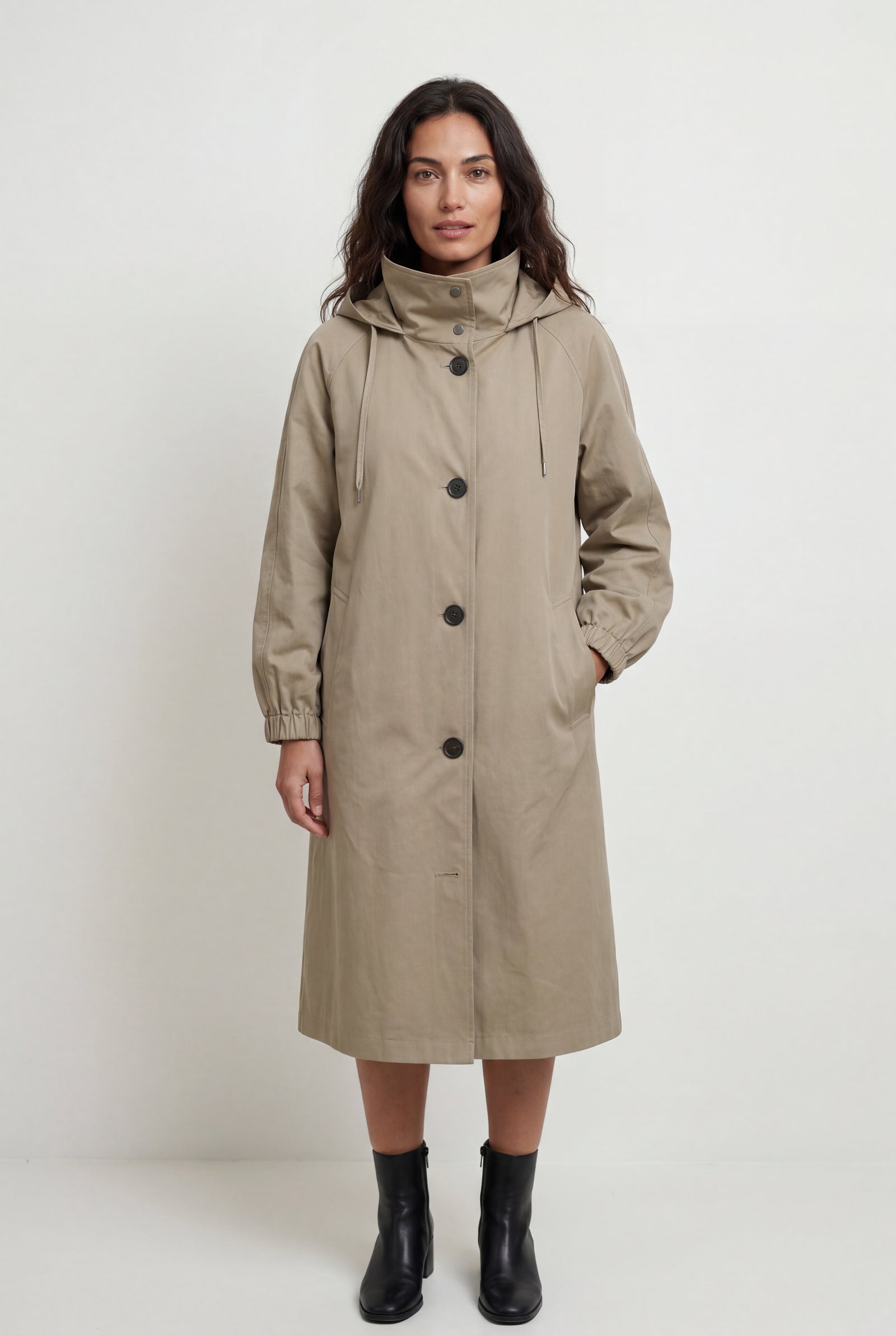 Beige Hooded Snap Button Long Parka Coat with Adjustable Waist - Long coat - Photo 5