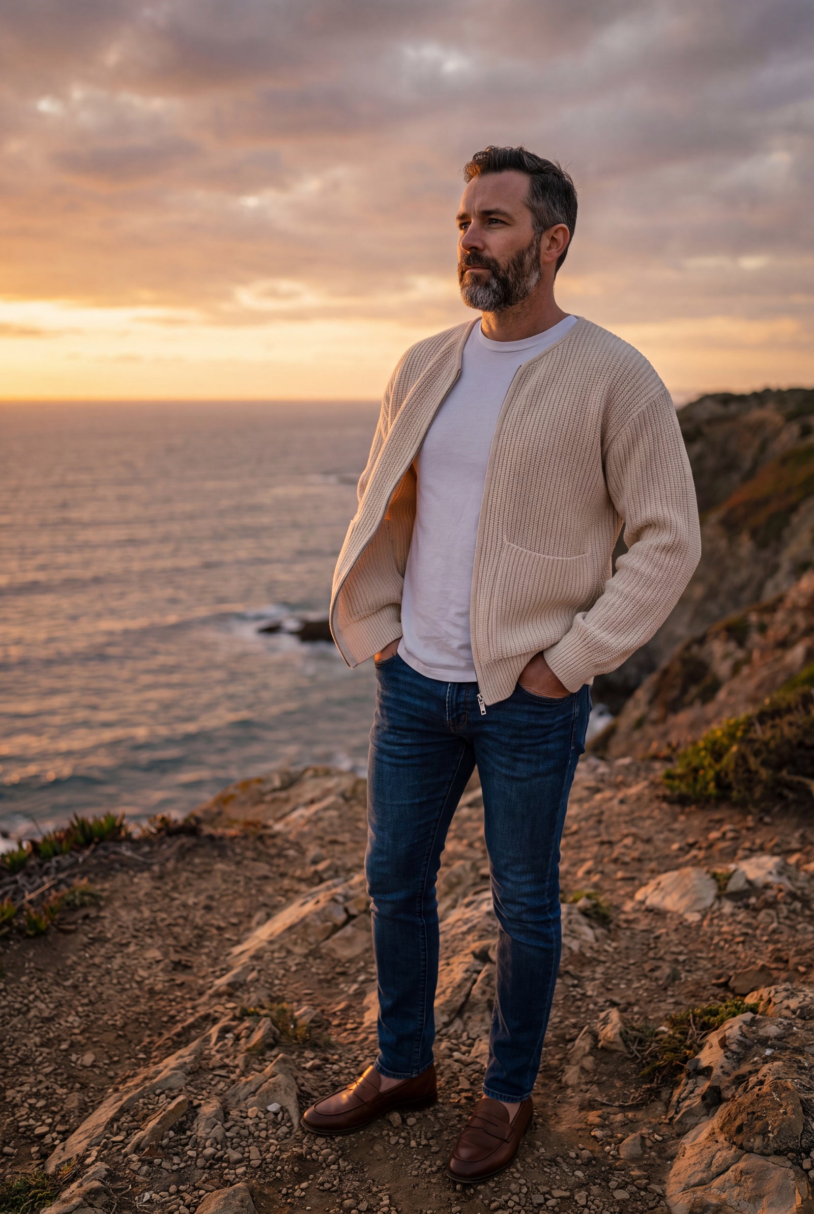 Men's Cardigan Zip Front with Pockets in Beige — lifestyle seaside