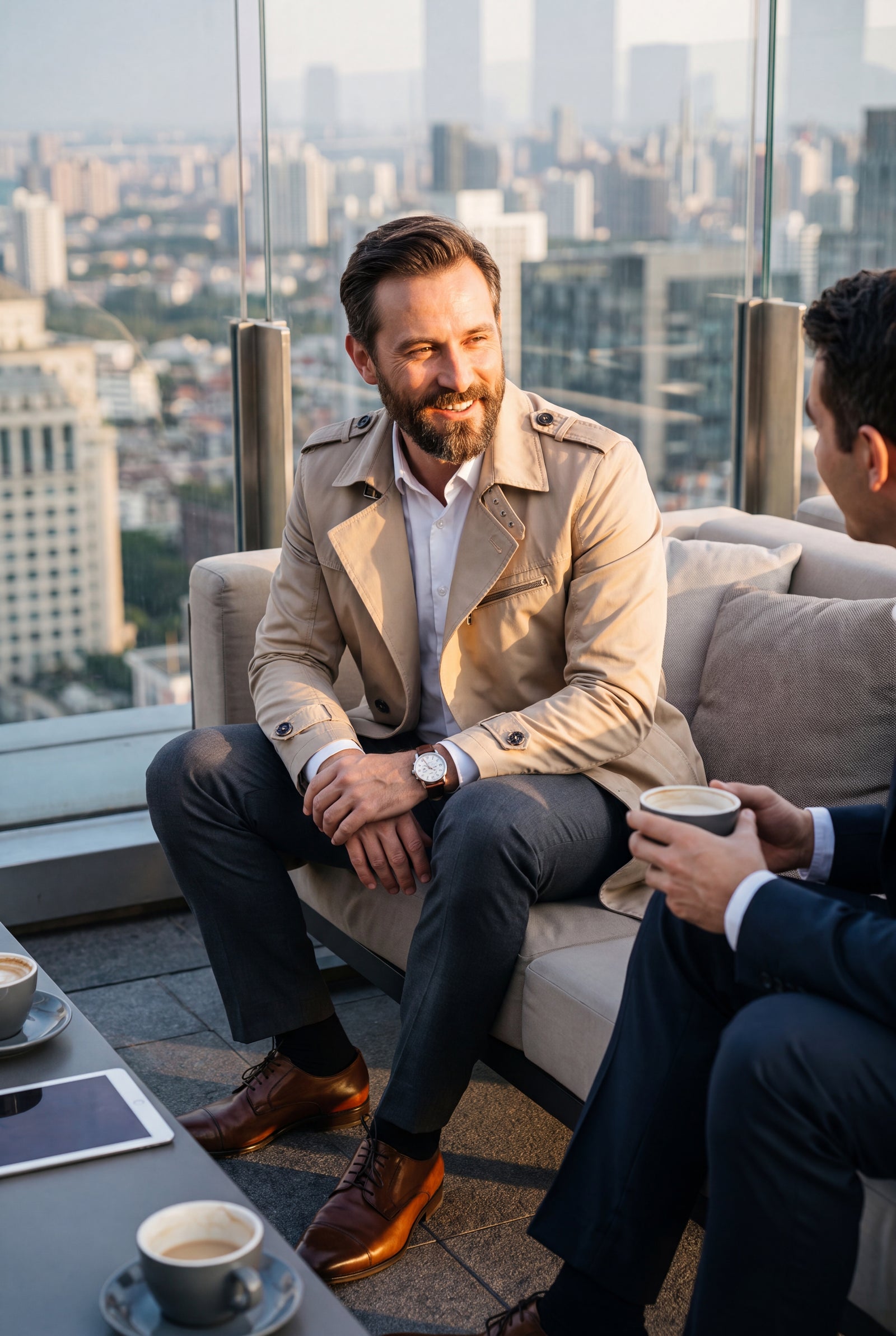 Men's Trench Coat Long Classic in Beige — lifestyle city terrace