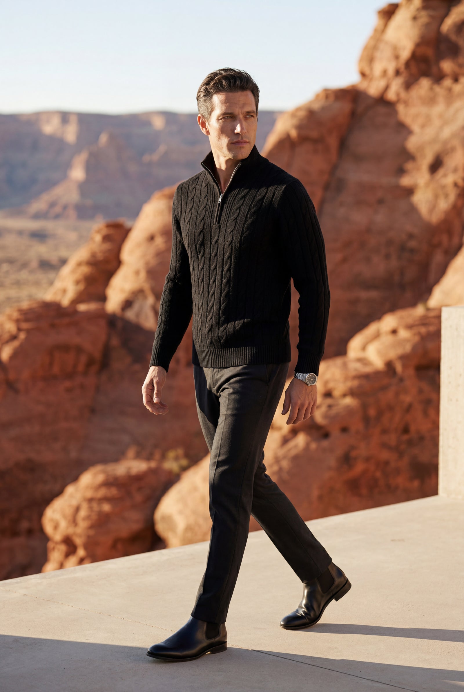 Black Men's Cable Mock Neck Half Zip Sweater - Mock neck sweater - Photo 2