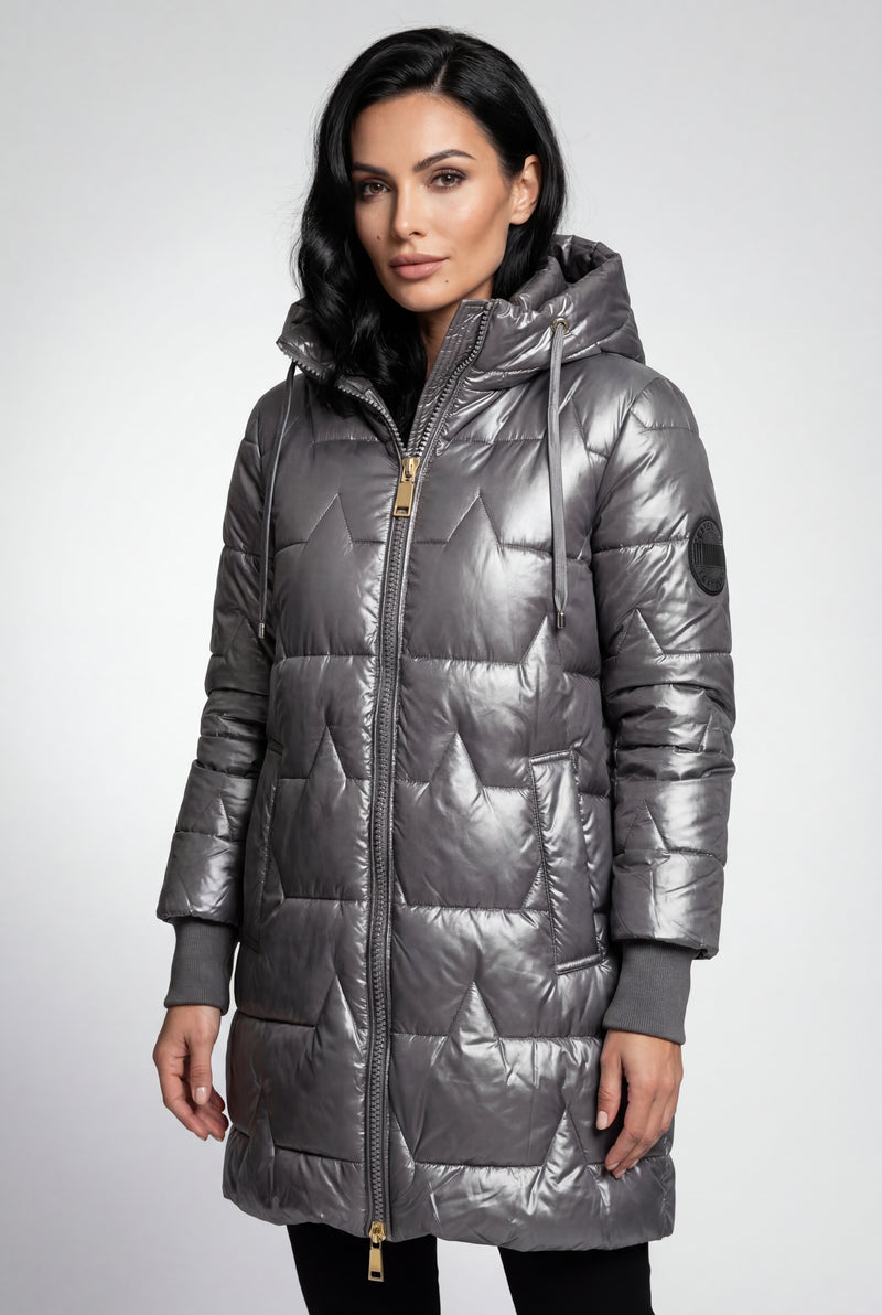 Gray Metallic Quilted Hooded Mid-length Puffer Jacket - Quilted jackets - Photo 3