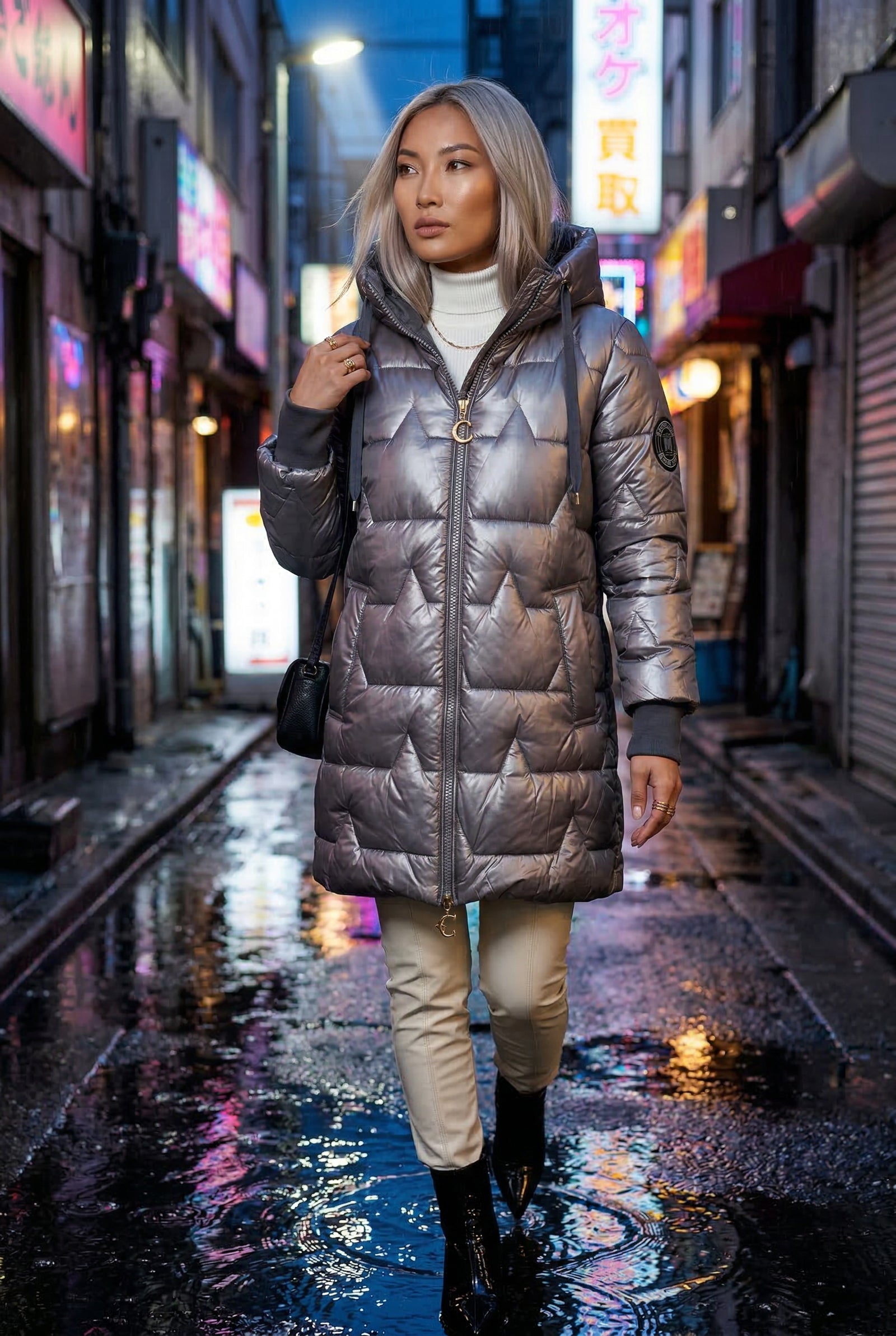 Gray Metallic Quilted Hooded Mid-length Puffer Jacket - Quilted jackets - Photo 7