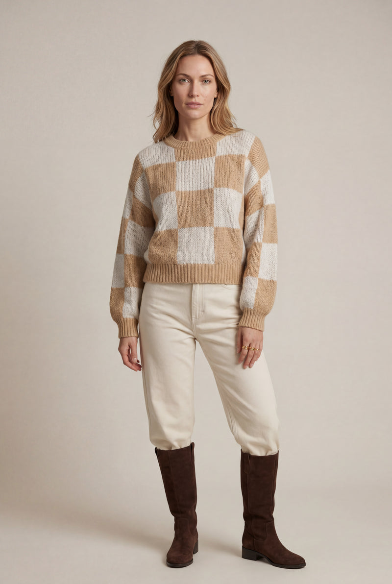 Beige Oversized Checkered Crewneck Chunky Sweater - Oversized sweater - Photo 1