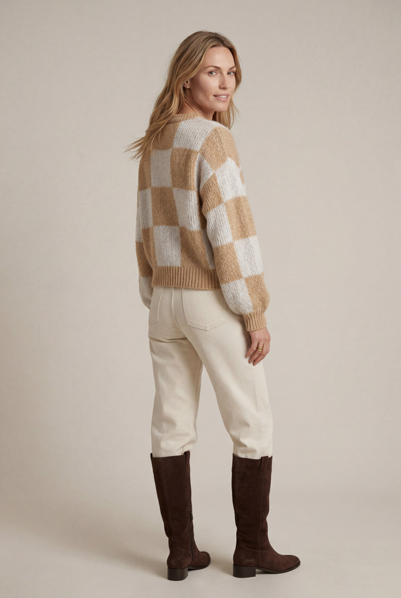 Beige Oversized Checkered Crewneck Chunky Sweater - Oversized sweater - Photo 2