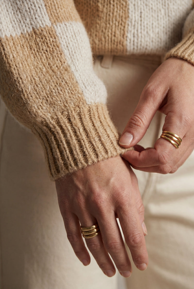 Beige Oversized Checkered Crewneck Chunky Sweater - Oversized sweater - Photo 3