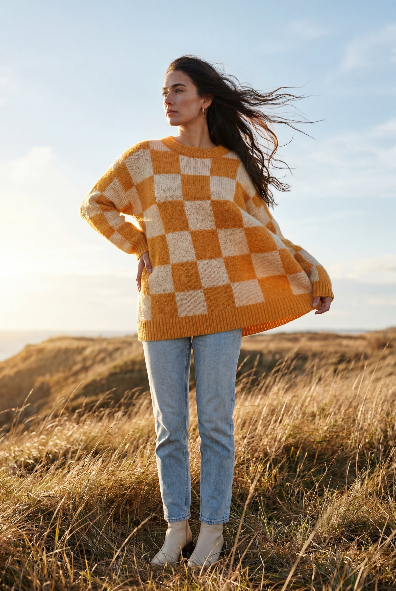 Orange Oversized Checkered Crewneck Chunky Sweater - Oversized sweater - Photo 6